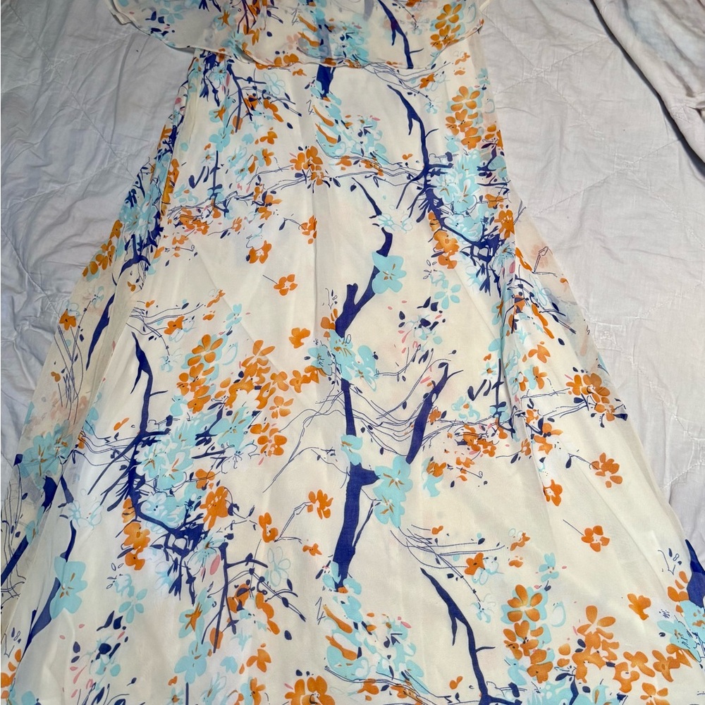 Lovposh Boho Maxi Dress S White Floral Chiffon Orange Blue Sheer Summer Beach